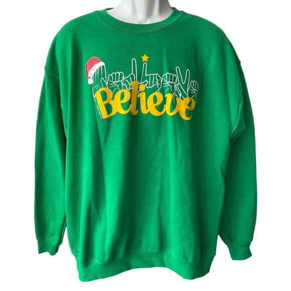 Gildan ASL Finger Alphabet BELIEVE Christmas Sweatshirt Size Large NWOT - Picture 1 of 4